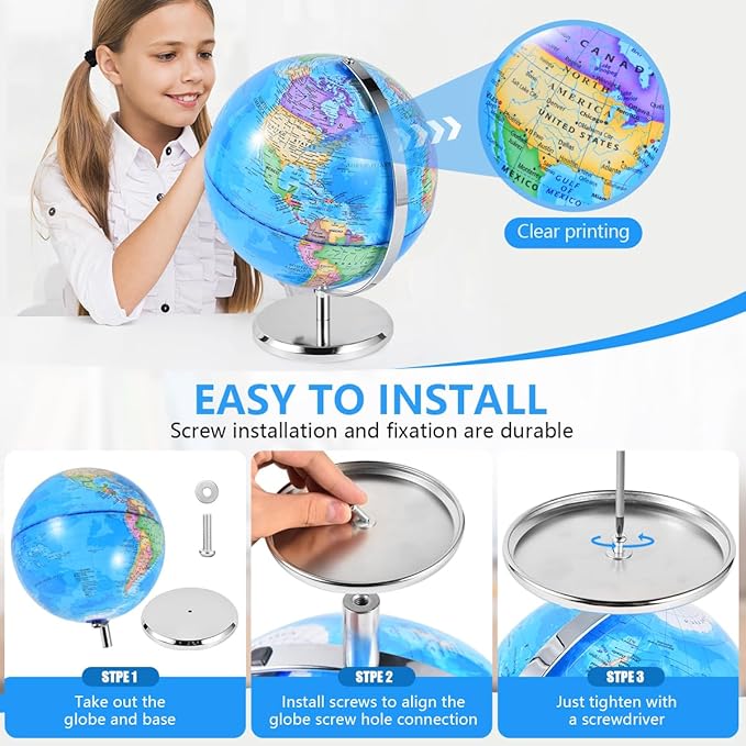 10 Inch World Globe Rotating Earth Spinning Globe with Heavy Metal Stand for Kids Geography Classroom Education or Office Home Decorations