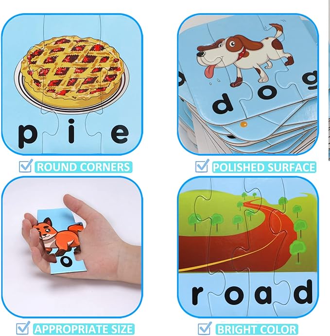 80 Words Self-Correcting Spelling Puzzles, Double-Sided Three and Four Letter Words with Matching Images, Perfect for Preschool Learning