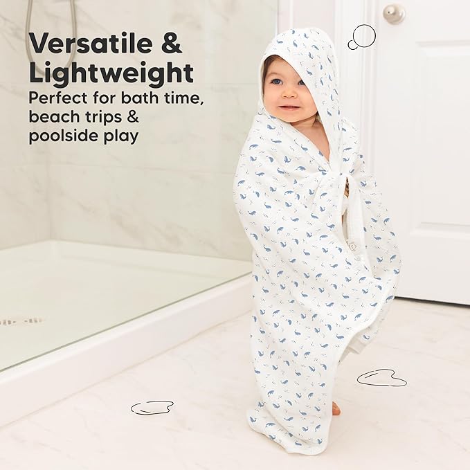 KeaBabies Muslin Baby Bath Towels with Hood for Girls,Boys-Large Organic Cotton Hooded Baby Towels for Newborns,Toddlers,Infant,Kids,Soft Absorbent Newborn Bath Essentials Gift Set(Whale Bay, Regular)