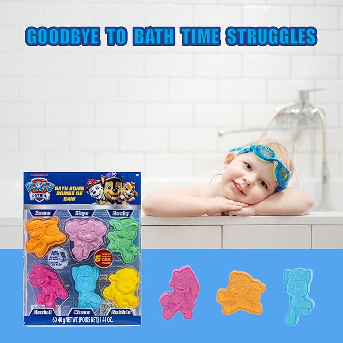 Paw Patrol 6 Pack Cucumber Melon Scented Bath Bombs Non-Toxic Character Molded Bath Bombs Fun and Bright Colors Great for Birthday Gifts, Stocking Stuffers, Slumber by Townley Girl