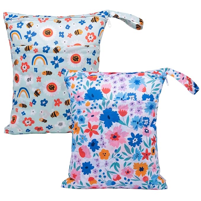ALVABABY 2pcs Cloth Diaper Wet Dry Bags Waterproof Reusable with Two Zippered Pockets Travel Beach Pool Daycare Soiled Baby Items Yoga Gym Bag for Swimsuits or Wet Clothes LX-YX8688