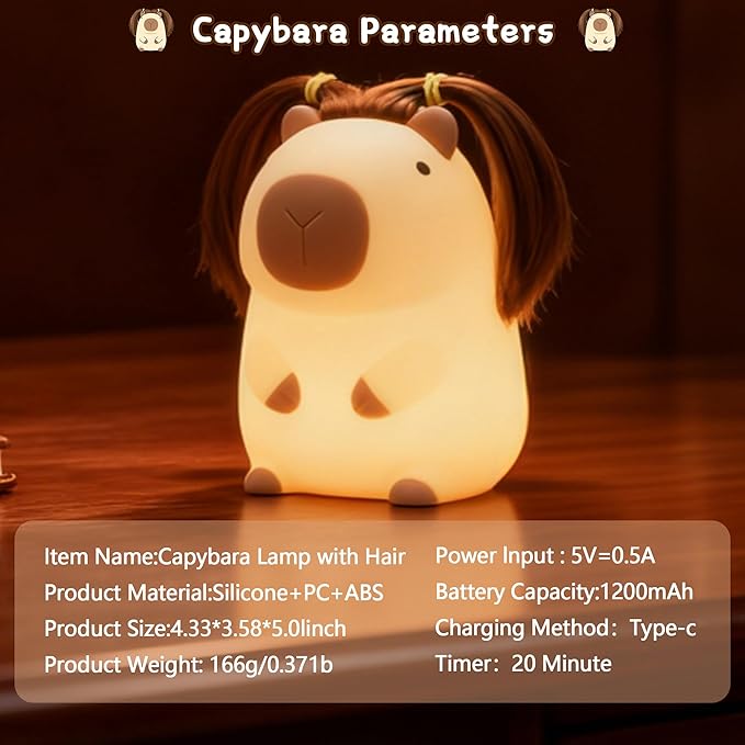 Cute Capybara Night Light with DIY Hairstyle ,Funny Squishy Silicone Animal Night Lamp, Dimmable/Timer Nursery Nightlight for Kids, Rechargeable Touch Bedside Lamp, Bedroom Decor, Baby Boys Girls Gift