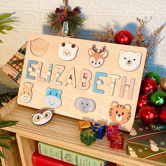 Personalized Name Puzzle for Kids Engraved Text Greetings on Back Custom Wooden Name Signs with Pegs for Baby Boy & Girl 1 Year Old Nursery Gifts Educational Toys Toddler Puzzles for Newborn