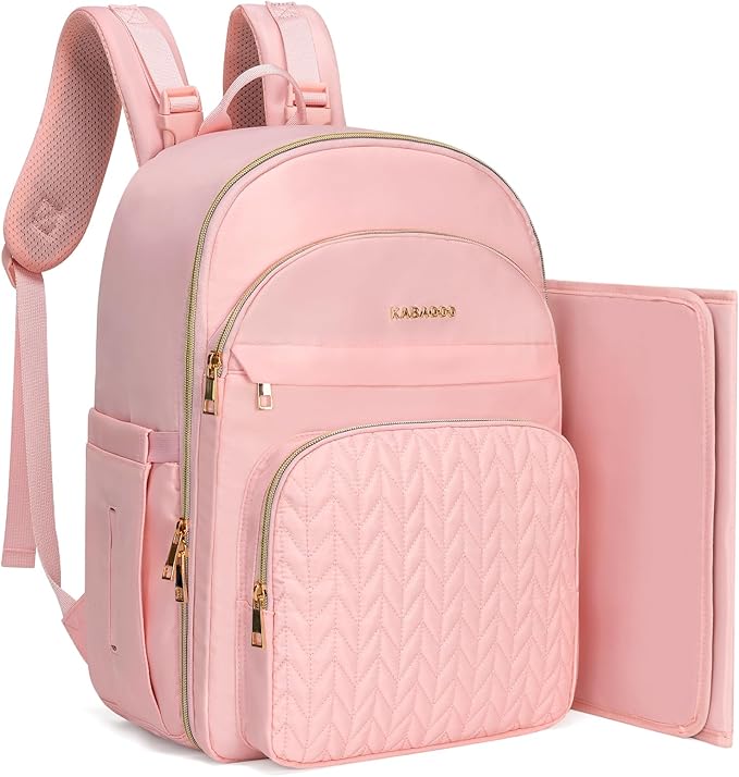 KABAQOO Baby Diaper Bag Backpack, Waterproof Diaper Backpack for Mom & Dad with Changing Pad, Insulated Pockets and Stroller Straps, Baby Shower Gifts for Girls & Boys, Pink