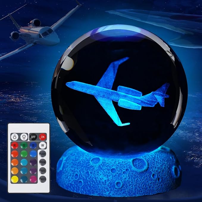 Planes Night Light, Aviation Gifts, 3D Crystal Ball 3.15 Inch (80mm) Airplane Night Light with Remote, Pilot Lamps with 16 Color for Birthday Xmas Cool Figurines Gifts for Room Decor Boys Girls