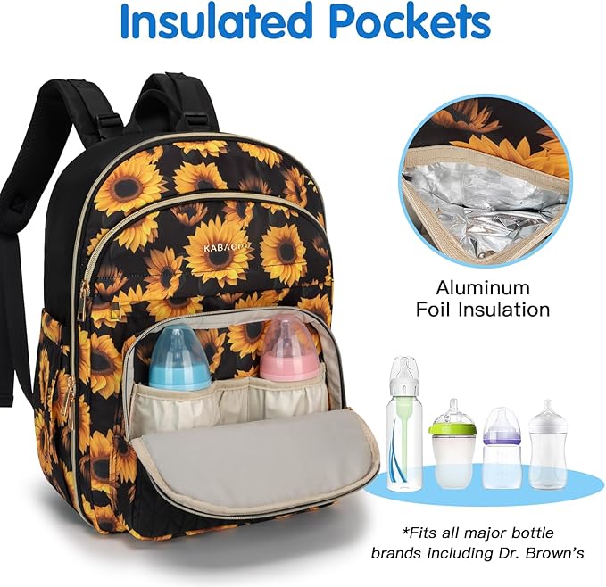 KABAQOO Baby Diaper Bag Backpack, Waterproof Diaper Backpack for Mom & Dad with Changing Pad, Insulated Pockets and Stroller Straps, Baby Shower Gifts for Girls & Boys, Sunflower