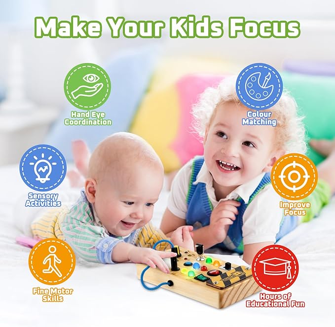 Toddler Toys Busy Board with Led Light, Preschool Learning Activities Sensory Toys for Toddlers 1-3,Montessoti Toys 1 2 3 Year Old Birthday Gift