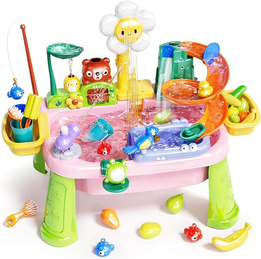 Water Table Play Sink Toys for Toddlers, Kids Play Kitchen Sink with Running Water, 360° Electric Faucet, Floating Fishing Game, Sensory Water Table Toys for Boys Girls Summer Gifts - Pink