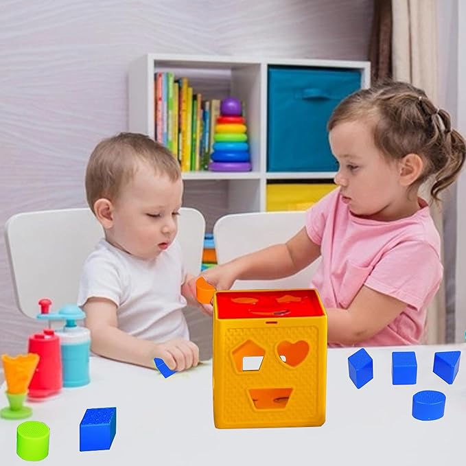 Shape Sorter Toddler Learning Toys - 19 Pcs Classic Kids Toys Blocks for Toddlers 1-3, Color Recognition, Sorting and Matching Activity Cube for Baby Games