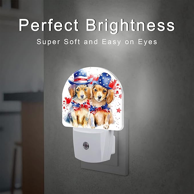 USA Flag Dog Couple Night Light Plug into Wall, American Patriotic Cute Dogs Dusk to Dawn Night Light Plug in,0.5w Energy Saving Sleep Friendly NightLight for Kids Boys Girls Home Decor