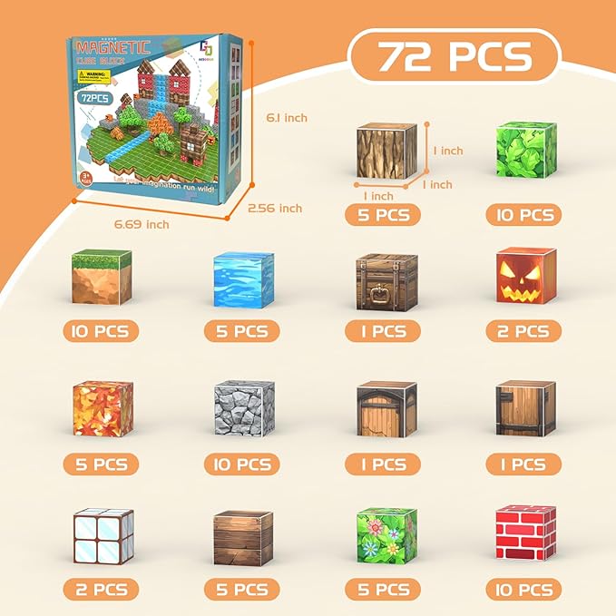 AESGOGO Magnetic Blocks, 72PCS STEM Montessori Toy for Crafting a Magnet DIY-World, Creative Building Toys for Boys Girls Kids Ages 3-5 5-7 6-8, Toddler Stacking Construction Cube.