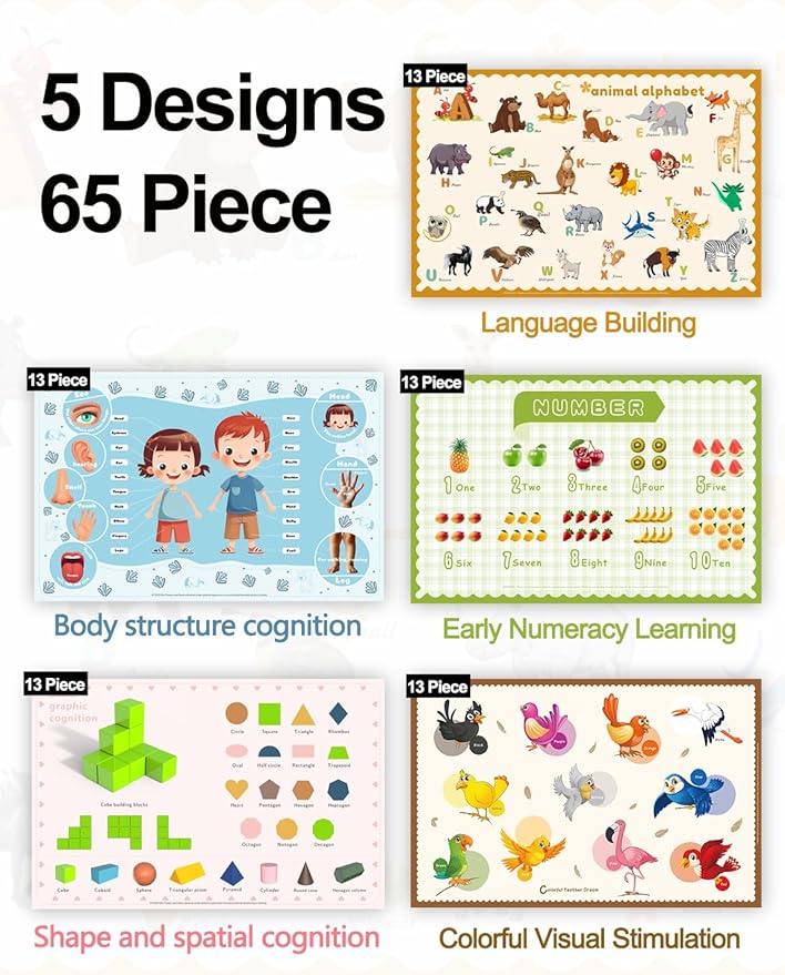 65 Pack Sticky Disposable Placemats for Baby & Toddlers,Toddler Placemat 12"x18" Kids Table Mat for Party, Picnic Table, Restaurants Dining Table Travel Essentials for Toddlers with 5 Designs