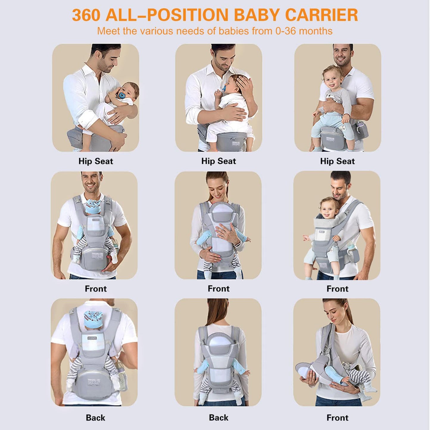 Baby Carrier Ergonomic Infant Carrier with Hip Seat Kangaroo Bag Soft Baby Carrier Newborn to Toddler 7-45lbs Front and Back Baby Holder Carrier for Men Dad Mom (Grey)