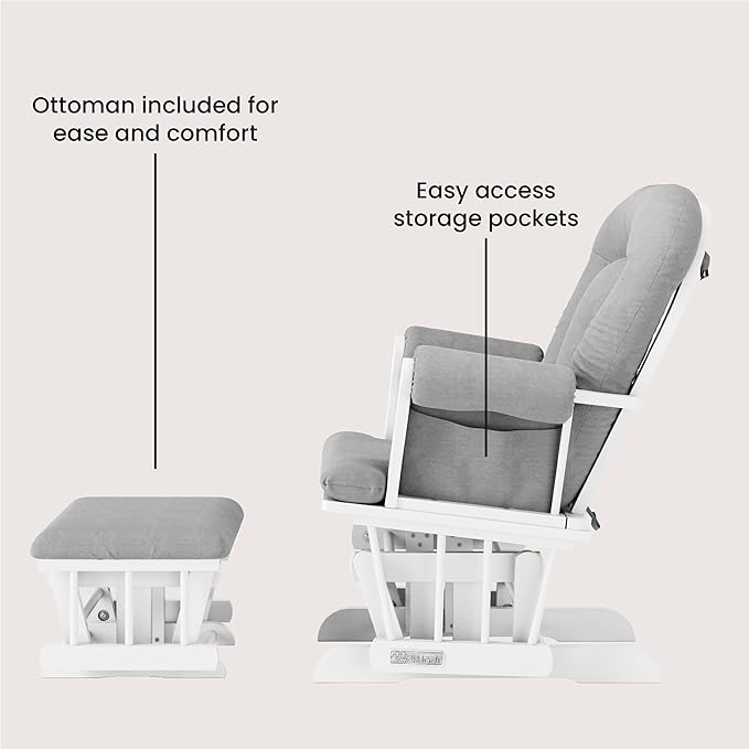 Child Craft Cozy Glider Rocker and Ottoman Set, Padded Cushion with Convenient Storage Pockets, Solid Wood Base & Frame (Matte White with Light Gray Cushion)