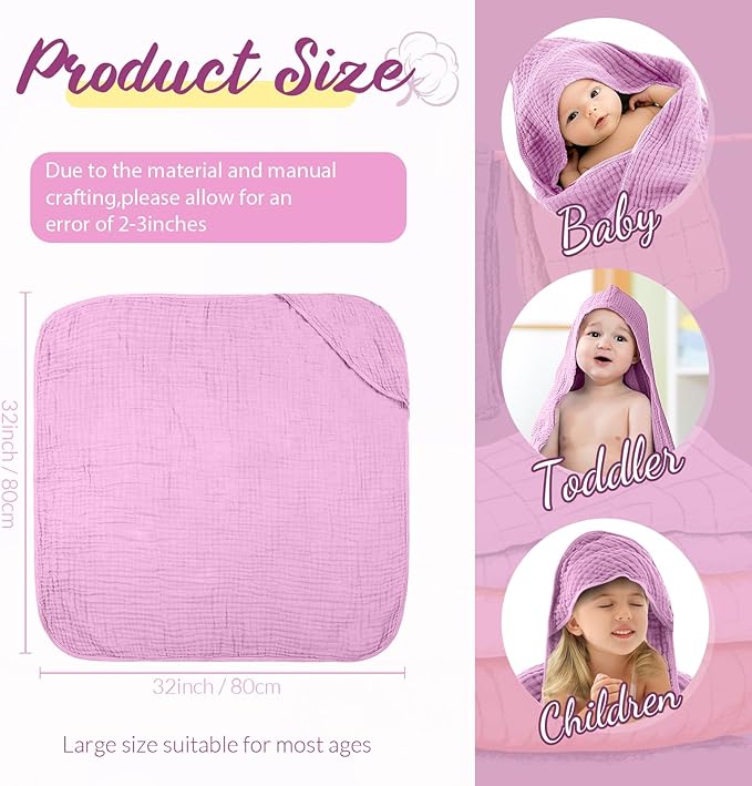 VitalCozy 6 Pcs Baby Muslin Hooded Bath Towels and Washcloths, 32 x 32 Inch Muslin Cotton Hooded Baby Towels Absorbent Blankets for Gift Newborn Infant Shower(White, Pink)