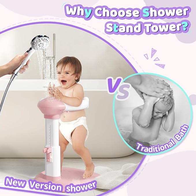 COOSEYA® Baby Shower Stand, Toddler Bath Stand Support with Thicker Colum, Anti-Pinch, Anti-Slip Base, Adjustable Shower Holder for Toddler Standing Up Themselves, Ideal Gift for Infants 8-36 Months