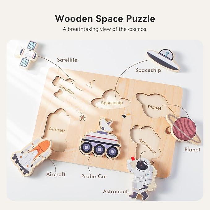 3 Packs Space Ocean Forest Wooden Chunky Puzzles for Toddlers, Wood Puzzle for Kids, Insert Puzzles Each Piece Fits Perfectly, Sturdy and Pegless, Educational Toys
