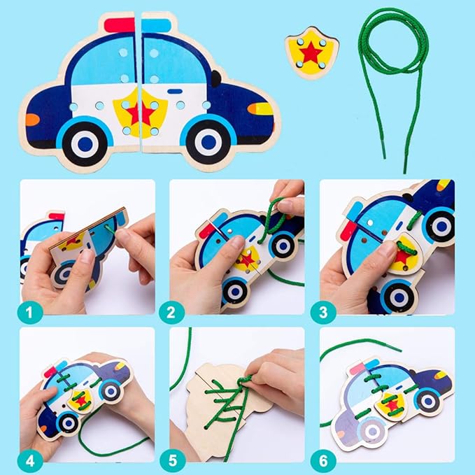 Promise Babe 5 Pack Lacing Cards Wooden Cars Block Puzzle Threading Toys Montessori Toy Sewing Cards for Toddler Educational Preschool Toys…