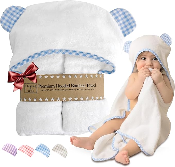 Channing & Yates Premium Boutique Organic Hooded Baby Towels and Washcloth Set - Softest Baby Towel with Hood - Baby Bath Towel for Newborn - Baby Boy Gift for Baby Shower (Blue)