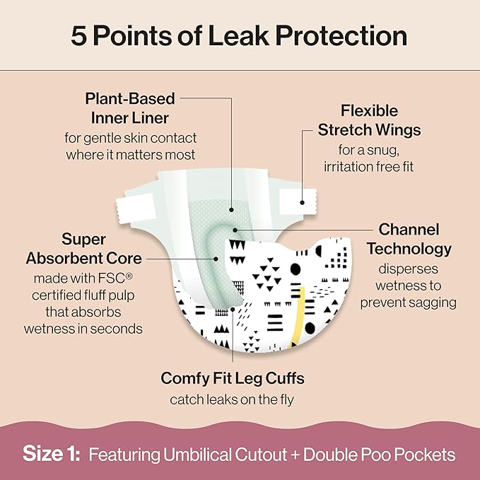 The Honest Company Clean Conscious Diapers for Sensitive Skin, Up to 100% Leakproof Hypoallergenic Fragrance-Free Baby Diapers, Gender Neutral Prints, Super Club Box, Size 1 (8–14 lbs), 136 Count