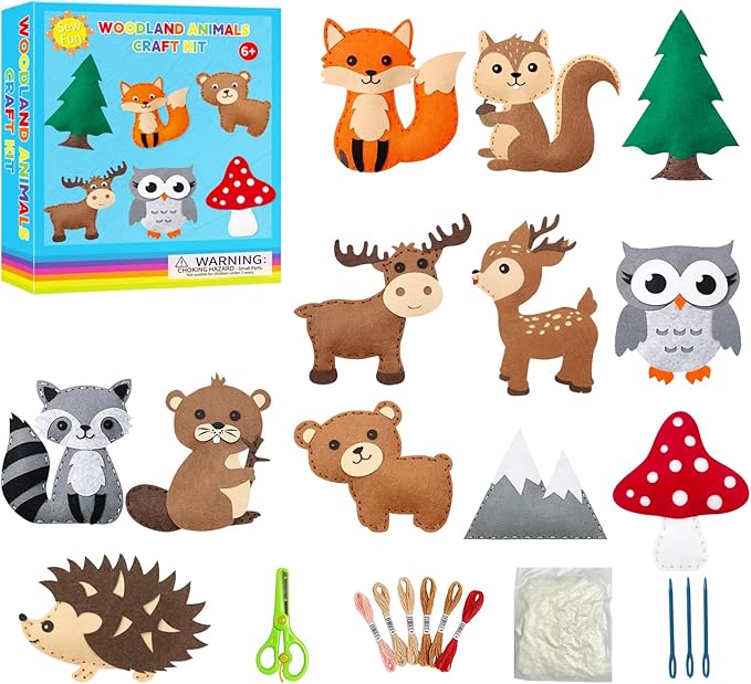 FYXGZZH Kids Beginner Sewing Kit – DIY Stuffed Craft Set with Pre-Cut Felt, Plastic Needle & Embroidery Thread, Educational Arts & Crafts for Boys & Girls Ages 6-12, Woodland Sewing Kit