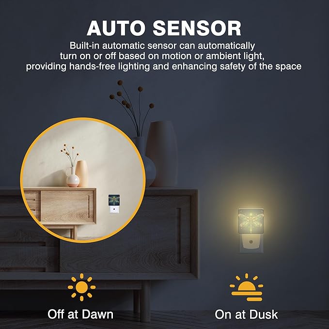 Golden Dragonfly Night Light, Plug-in Nightlight with Dusk to Dawn Auto Sensor for Home Bedroom Hallway Stairway Kitchen 0.5W Sleep Friendly Led Lamp for Women Men