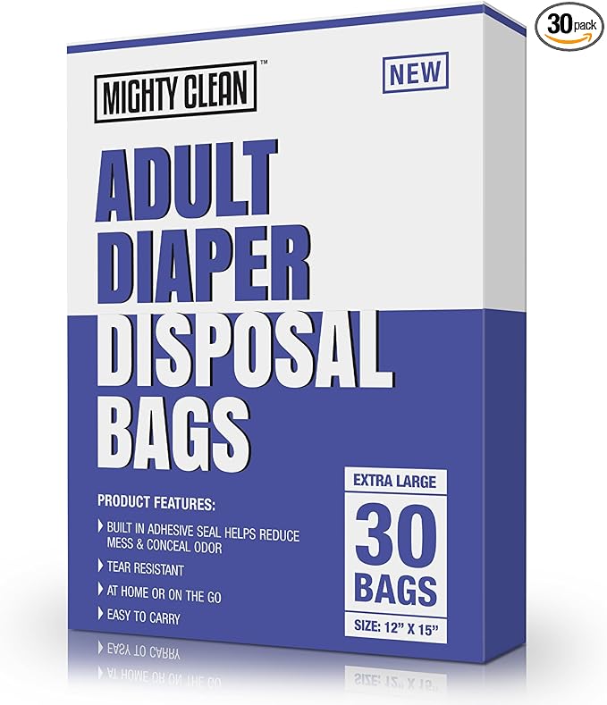 Mighty Clean Extra Large Adult Diaper Disposable Bags - 30 Bags | Leak-Proof, Odor Sealing, Tear Resistant | Discreet for Diapers, Incontinence Pads, Sanitary Product Disposal | Durable and Unscented