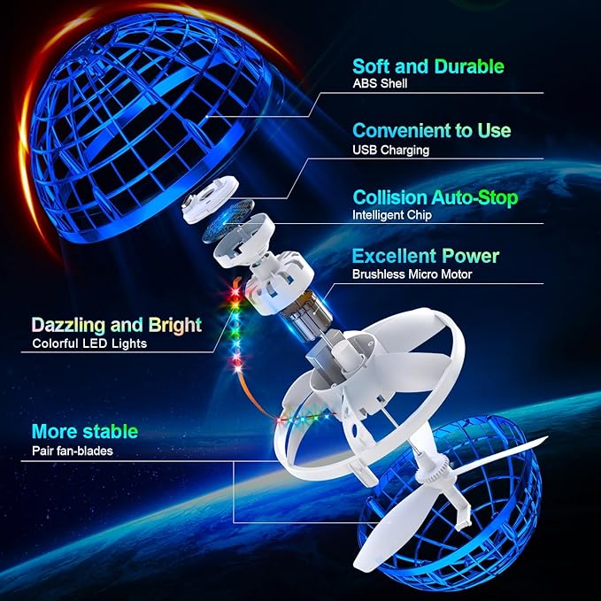 Flying Orb Ball (Blue, 2025 Upgraded) with Dazzling Lights, Magic Hover Spinner, Cool Boomerang Drone, Floating Cosmic Globe, Kids Toys Gifts for 6 7 8 9 10 Year Old Boys Girls