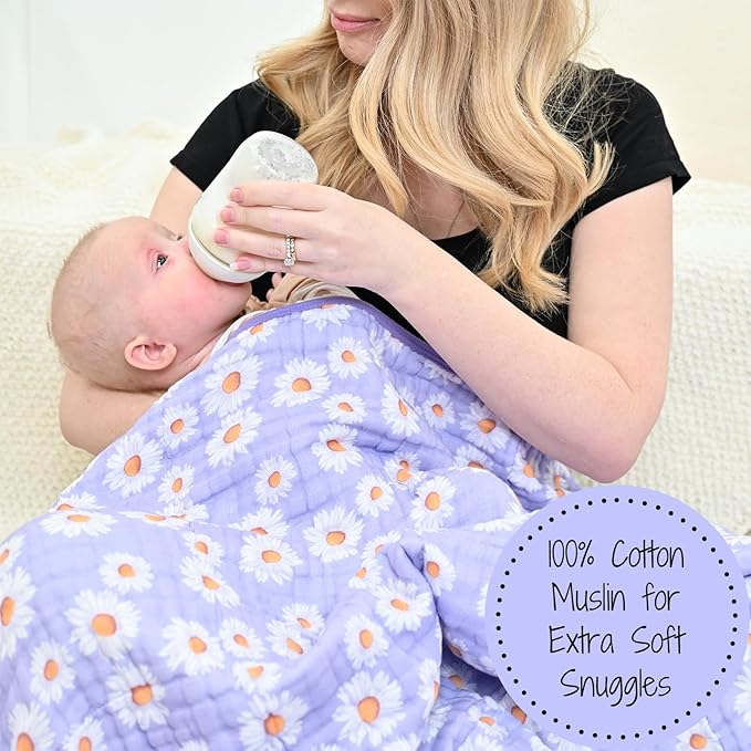LollyBanks Muslin Baby Blanket 100% Organic Cotton, Muslin Quilt Lightweight, Muslin Blanket for Girls, 6 Layers Baby Blankets 47"x 47", Soft Nursery Receiving Blankets (Daisy Print)