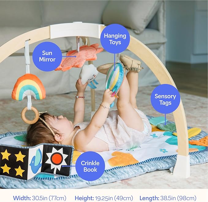 Move2Play, Montessori-Inspired Wooden Interactive Baby Play Gym | Kick & Play Piano | Thickly Padded Floor Play Mat | Tummy Time Must Have | Playmat for Newborns & Infants | Ages 0, 3, 6+ Months