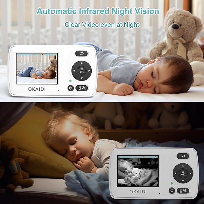OKAIDI Video Baby Monitor with Camera and Audio, 2.4'' Portable Travel Baby Monitor No WiFi, Infrared Night Vision, VOX Mode, 1000ft Long Range, Ideal for Baby/Pet/Elderly