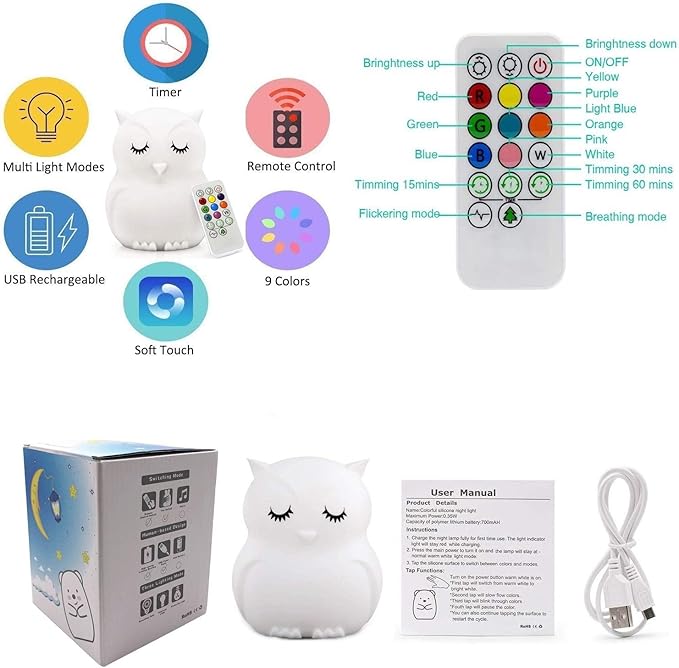 Big Size Night Light for Kids, Children Night Light, Bedside Lamp Multicolor Light with Remote Control, Break Resistant, Eye Caring, Adjustable Brightness & Color, Timing Function - Large Owl