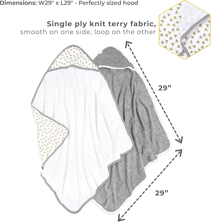 Burts Bees Baby Infant Hooded Towels Honey Bee Organic Cotton, Unisex Bath Essentials and Newborn Necessities, Soft Nursery Towel with Hood Set, 2-Pack Size 29 x 29 Inch
