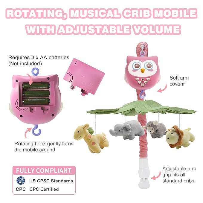 YUNGCHI Baby Crib Mobile with Music and Lights for Boys Musical Mobile Safari Animals for Girl Crib Bassinet Toys Hanging Portable Baby Mobile for Pack and Play Pink