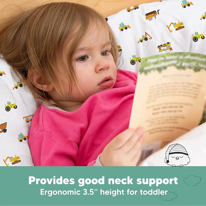 Toddler Pillow with Pillowcase - 13x18 My Little Dreamy Kids Travel Bed Pillows for Sleeping, Organic Cotton Small Pillowcase, Soft & Breathable, Machine Washable, Toddlers 2-5 years old(Construction)