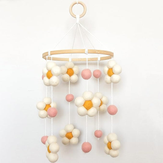 Daisy Mobile for Crib Boho Baby Crib Mobile for Girls Pink Felt Flower Baby Mobile for Crib