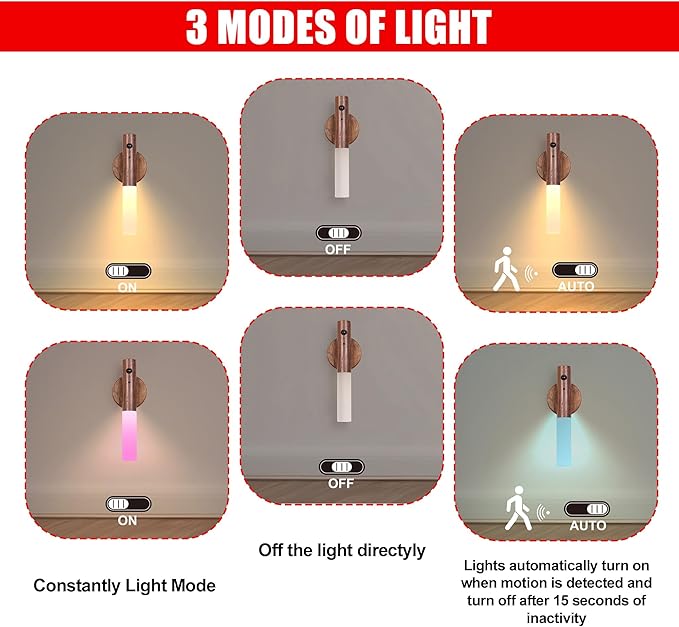 LANDGOO Rechargeable Wooden Night Light for Nursery, Motion-Activated RGB LED Baby Light for Breastfeeding, Toddler Kids Bedroom Décor