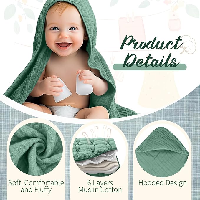 VitalCozy 8 Pcs Baby Muslin Hooded Bath Towels and Washcloths, 32 x 32 Inch Muslin Hooded Baby Towels Absorbent Blankets for Gift Newborn Infant Shower (Modern Style)