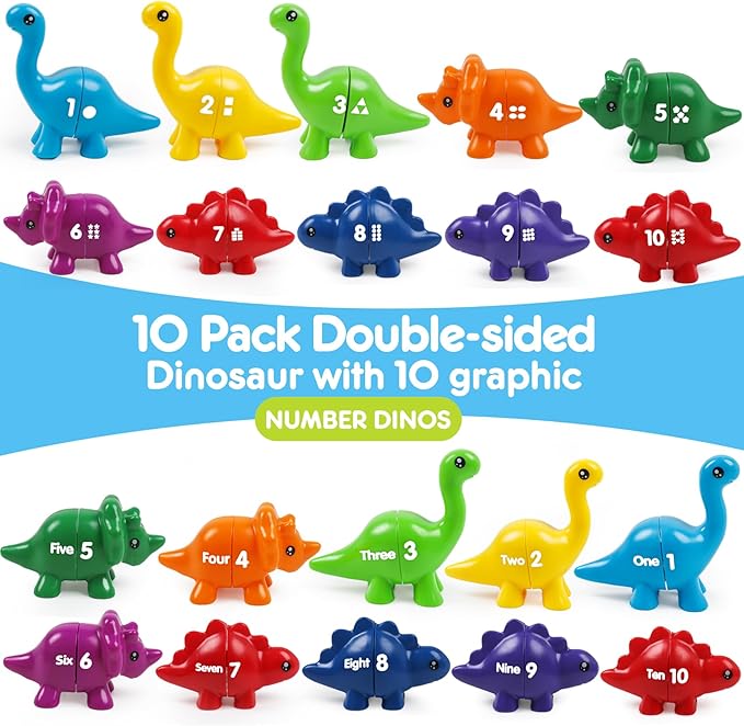 USATDD Numbers Matching Dinosaur Toy 1-10 Counting Sorting Game Double-Sided Dino Fine Motor Toys Number Recognition Learning Toy, Christmas Stocking Stuffers for for Kids Boys Girls