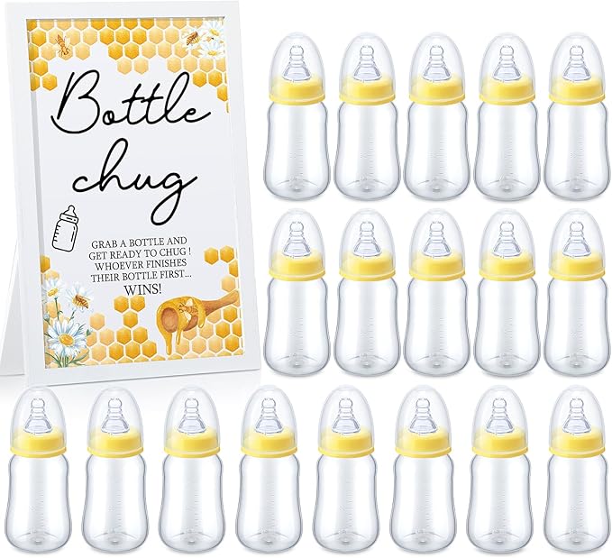 Roowest Bottle Chug Baby Shower Game Favors Including Bee Theme Wooden Sign and 18 Pcs Baby Bottles for Gender Reveal Party Supplies