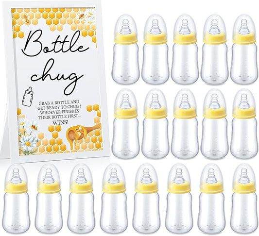 Roowest Bottle Chug Baby Shower Game Favors Including Bee Theme Wooden Sign and 18 Pcs Baby Bottles for Gender Reveal Party Supplies