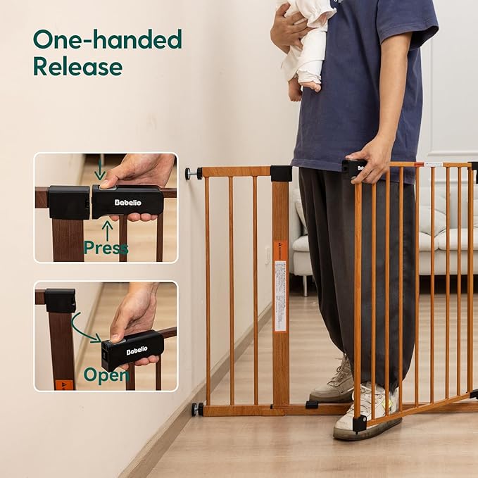 BABELIO 29-48" Metal Baby Gate with Brown Wood Pattern, Auto Close Dog Gate PressGuard P7 for The House, Stairs and Doorways, Pressure Mounted Pet Gate with Door, Safety Gate for Child and Pets