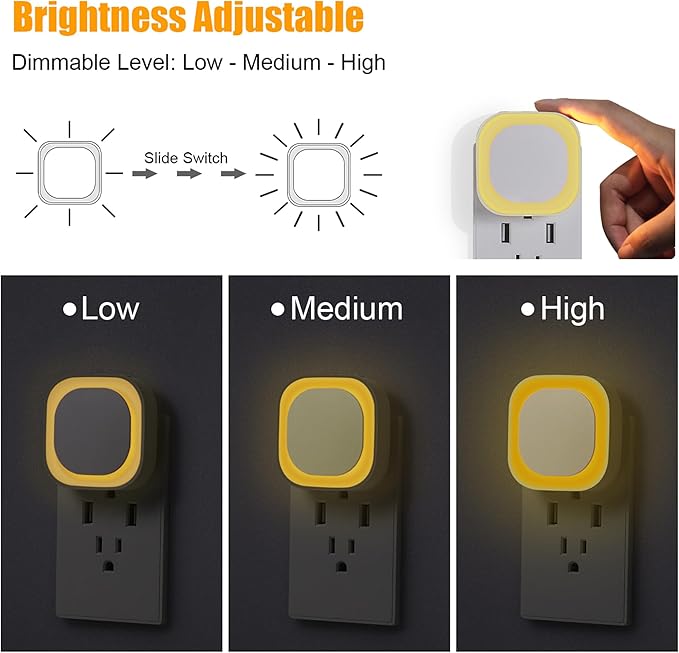2 Pack Plug in Dimmable Night Light, Square Nightlight, Auto Dusk to Dawn Sensor, Soft Glow, Diffused Light, Golden Yellow Light for Bathroom, Hallway, Stairs, Kitchen, Bedroom, Garage