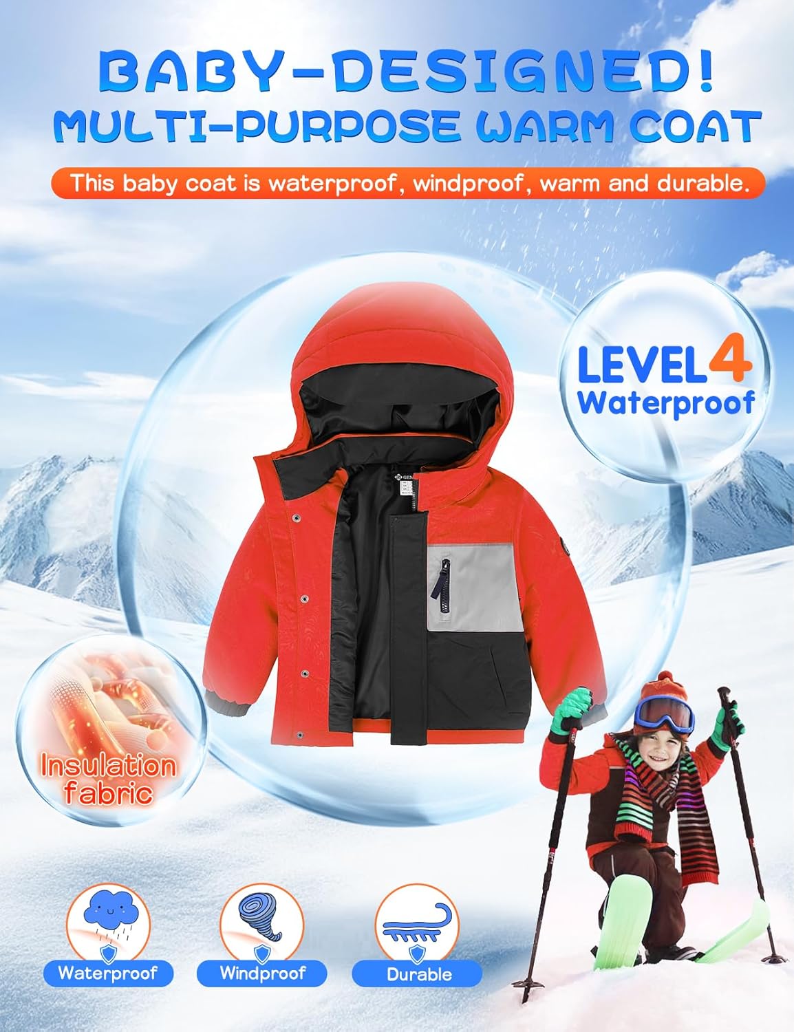 GEMYSE Toddler Boys Winter Coat Waterproof Ski Snow Jacket with Hood Thicken Warm Baby Jacket Outerwear