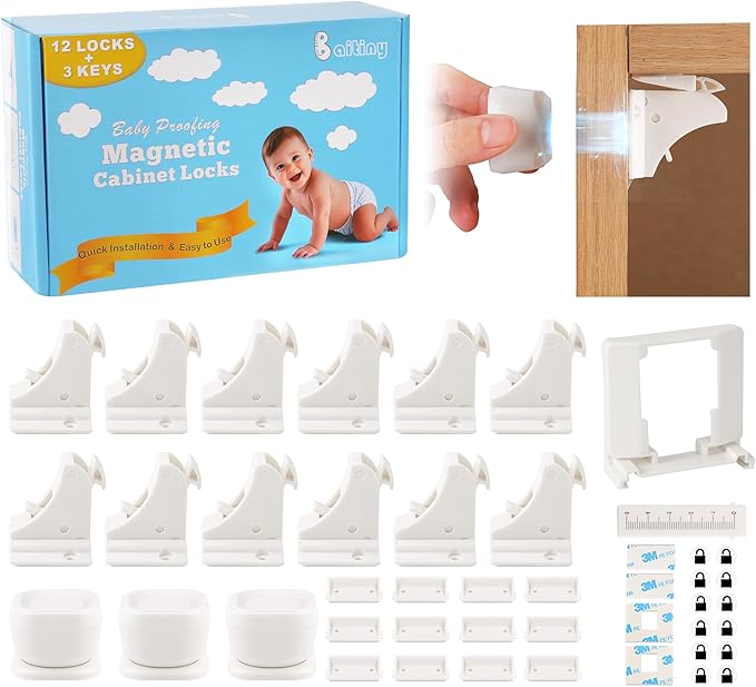 12 Pack Magnetic Cabinet Locks Baby Proofing - Baitiny Child Proof Cupboard Drawers Latches - Adhesive Easy Installation