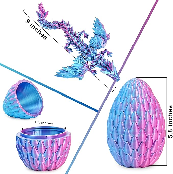 3D Printed Dragon Eggs with Articulated Fly Dragon Inside, Collectible Figurines Fidget Toy for Adults Kids Birthday Easter Christmas White Elephant Gifts for Friends Colleagues(Blue Pink, M size)