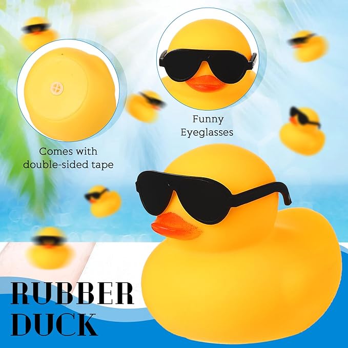 Chivao 12 Pcs Rubber Ducks with 12 Sunglasses/ Hats/ Headwear Small Mini Carnival Cruise Birthday Rubber Duckies Bathtub Toys in Bulk(Duck with Sunglasses,Yellow)