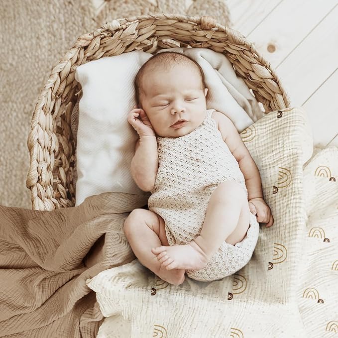 lulumoon Baby Muslin Swaddle Blankets: Soft Receiving Blanket for Newborn - Cotton Swaddling Blanket for Neutral 3Pack(Rainbow Khaiki)