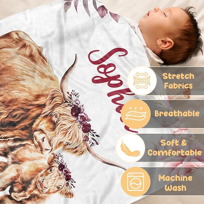 Personalized Baby Blanket, Custom Baby Blankets with Name for Girls Boys, Flannel Double Layer Dotted Backing Receiving Swaddle Blanket, Highland Cow Toddlers Infants Customized Gifts(47"x60")