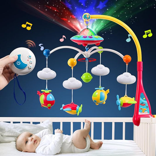 BOBXIN Baby Mobile for Crib, Crib Mobile with Projector and 108 Melodies Music, Crib Toys with Remote Control and Hanging Rattles Rotating,Toy for Newborn and Baby Boy Girl Sleep